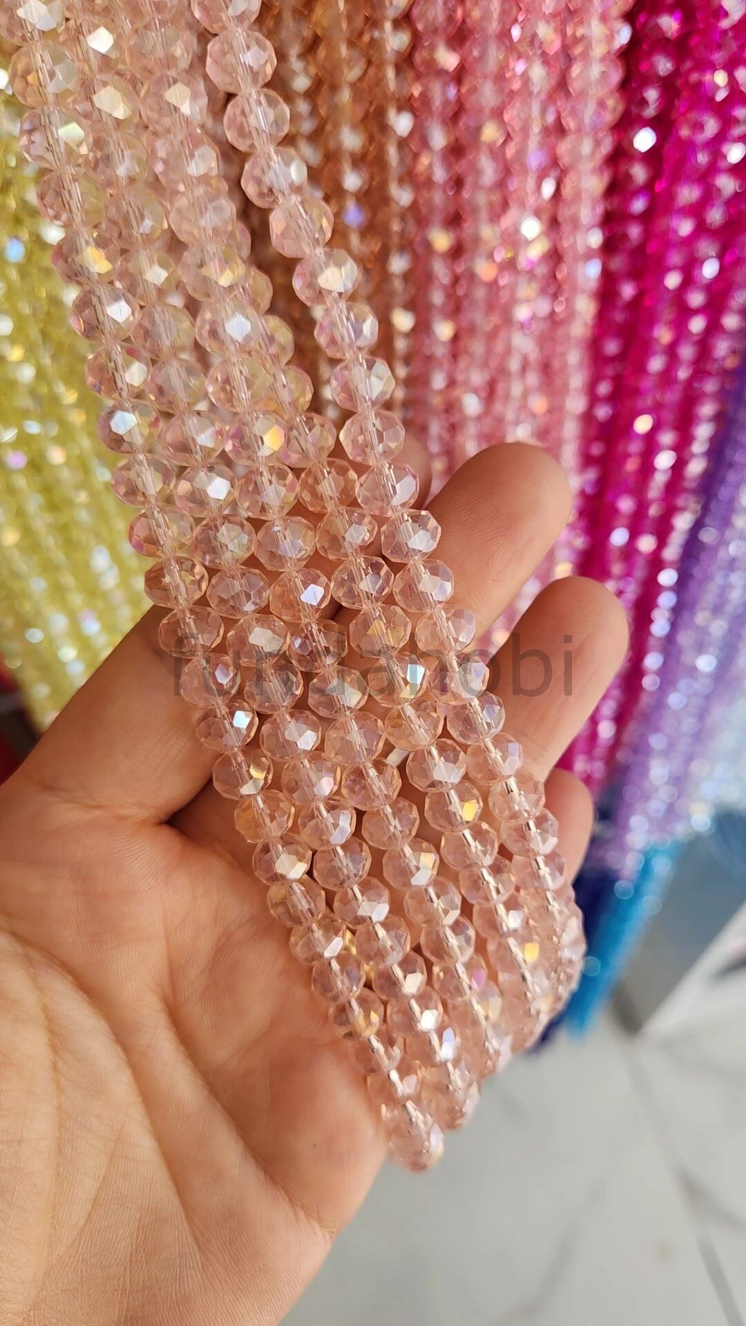 8 mm Faset Kesim Kristal Cam Boncuk - İpe Dizili  (1 Dizi) AÇIK PEMBE