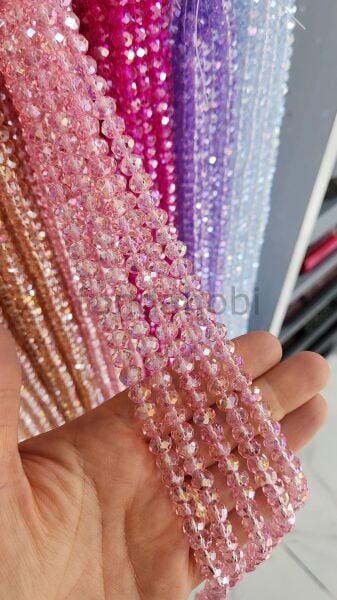 8 mm Faset Kesim Kristal Cam Boncuk - İpe Dizili  (1 Dizi) Bebe Pembe