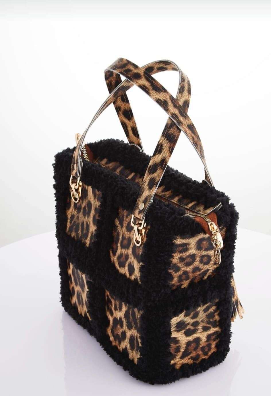 Kare Parçalı Çanta Seti Kahve Leopar