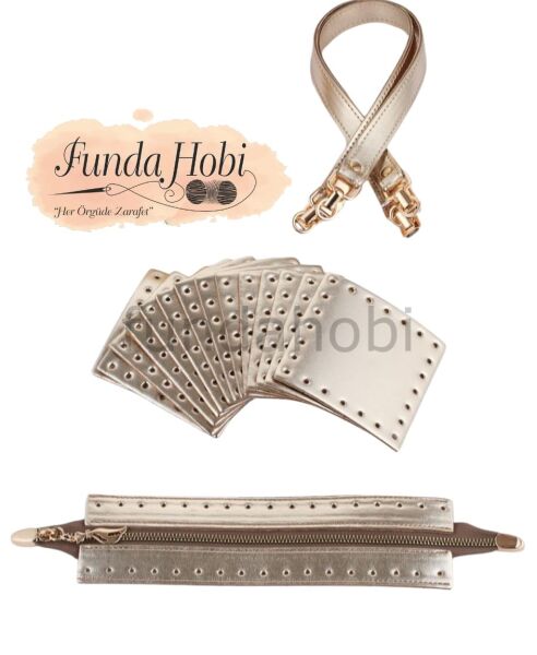 Kare Parçalı Çanta Seti Gold